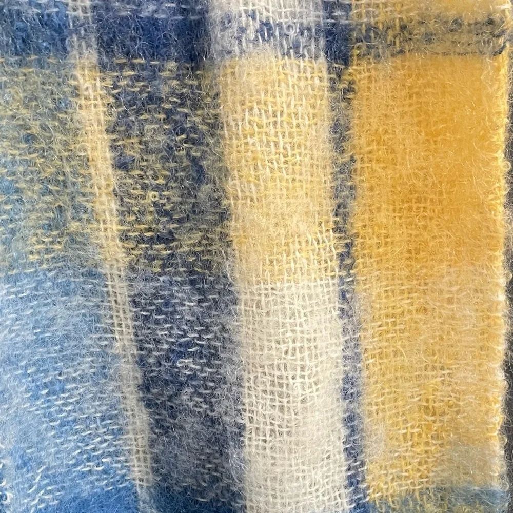 ST ALBANS Australia Pure Mohair Wool Plaid Winter Scarf Yellow Blue Cream